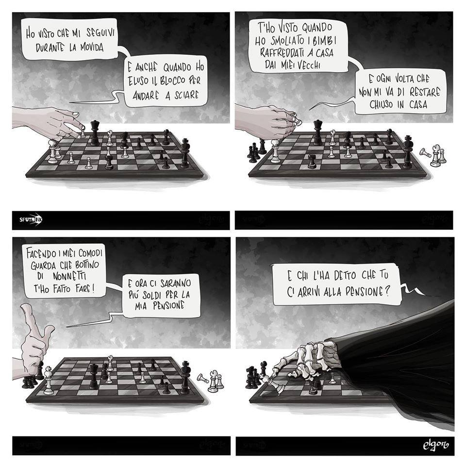 Giocare a scacchi con la morte -ammonisce Virginia Cabras, in arte Alagon (@Alagooon) - può rivelarsi un gioco assai pericoloso

#Covid_19 
#coronavirus 
#vignettistiperlacostituzione 🇮🇹