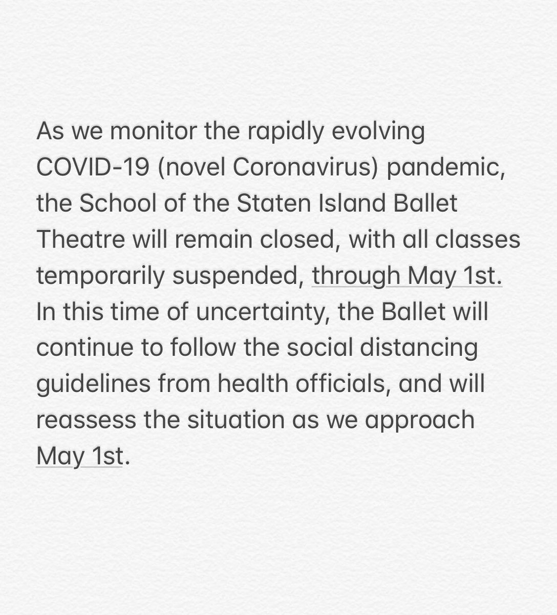 SIBallet's tweet photo. 🚨As we monitor the rapidly evolving COVID-19 (novel Coronavirus) pandemic, the School of the Staten Island Ballet Theatre will remain closed, with all classes temporarily suspended, through May 1st🚨 https://t.co/kuhVGsMG7K