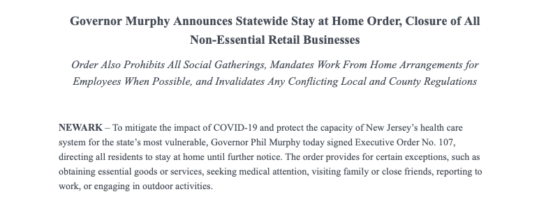 MatthewArco's tweet photo. Breaking: @GovMurphy announces NJ statewide "stay at home order" and closes non-essential businesses due to #coronavirus https://t.co/WXfZ3rPHdS