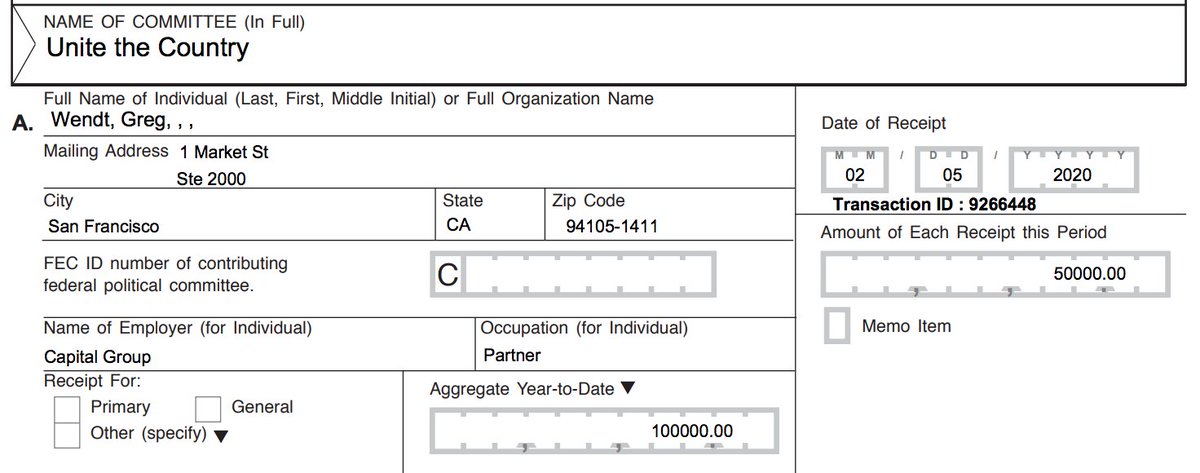 Greg Wendt contributed $50,000 to Unite The Country for attacks against Bernie Sanders. Wendt is equity portfolio manager for Capital Group in San Francisco. Also major Republican donor. He's given to Jeff Flake, Lindsey Graham, Kevin McCarthy, Mitt Romney, & Paul Ryan.