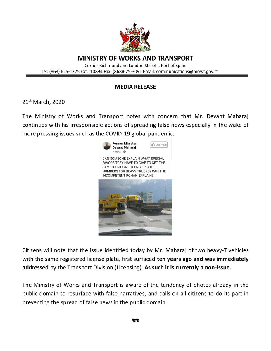 mowigovtt's tweet photo. Media Release: MOWT calls out Mr. Devant Maharaj's irresponsible action of sharing 10 year old photo especially in the wake of more pressing issues such as the COVID-19 pandemic. @newsgovtt @tttliveonline @CNC3TV @tv6tnt @LoopNewsTT @103FMTrinidad https://t.co/OCcPmbWE87