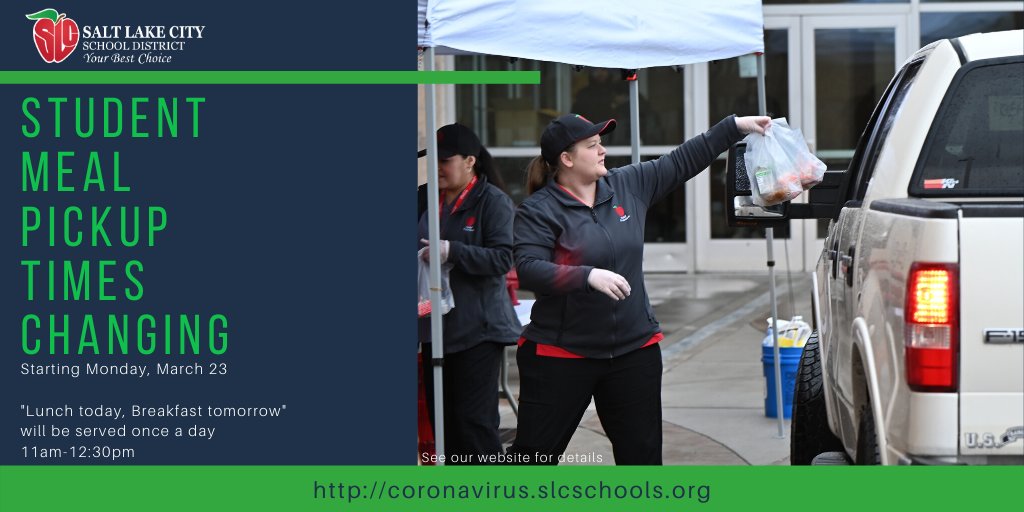 slcschools's tweet image. Starting on Monday, we will change the format of our "Grab and Go" meal service. Every weekday, from 11:00am to 12:30pm, students will be able to receive a sack lunch to eat today, along with a sack breakfast that can be refrigerated to eat tomorrow. 
#SLCSD #uted #utahcovid19