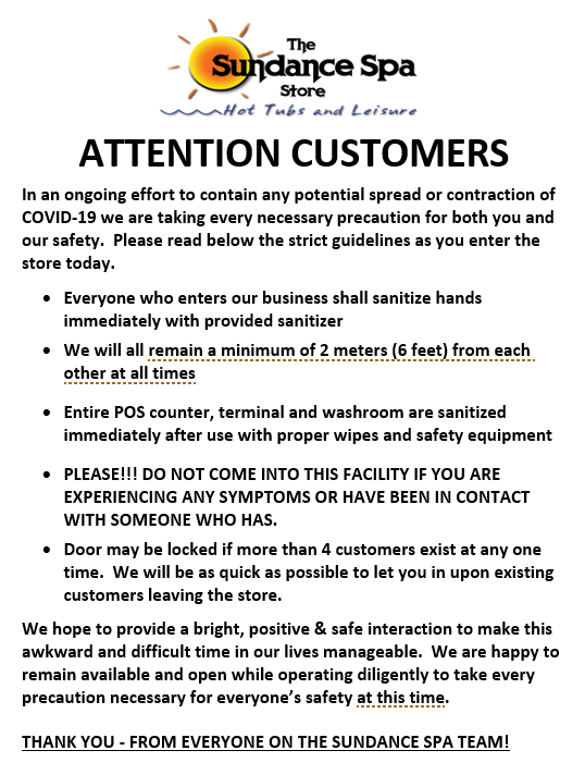 Each Sundance Spa Store location is taking extra precautions for everyone's safety.
Call the store nearest you to book a private viewing of a #hottub!
Stay #Happy, Stay #Healthy!