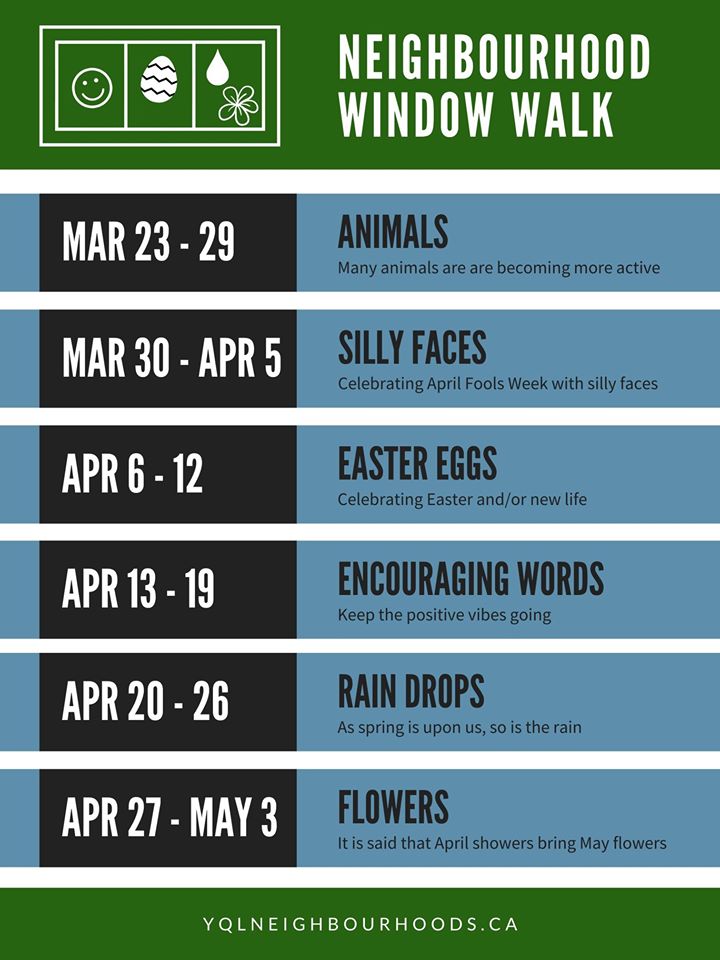 Fun family activity!
Here is a list of other things you can put in your window over the next six weeks.
VIA YQL Neighbourhoods