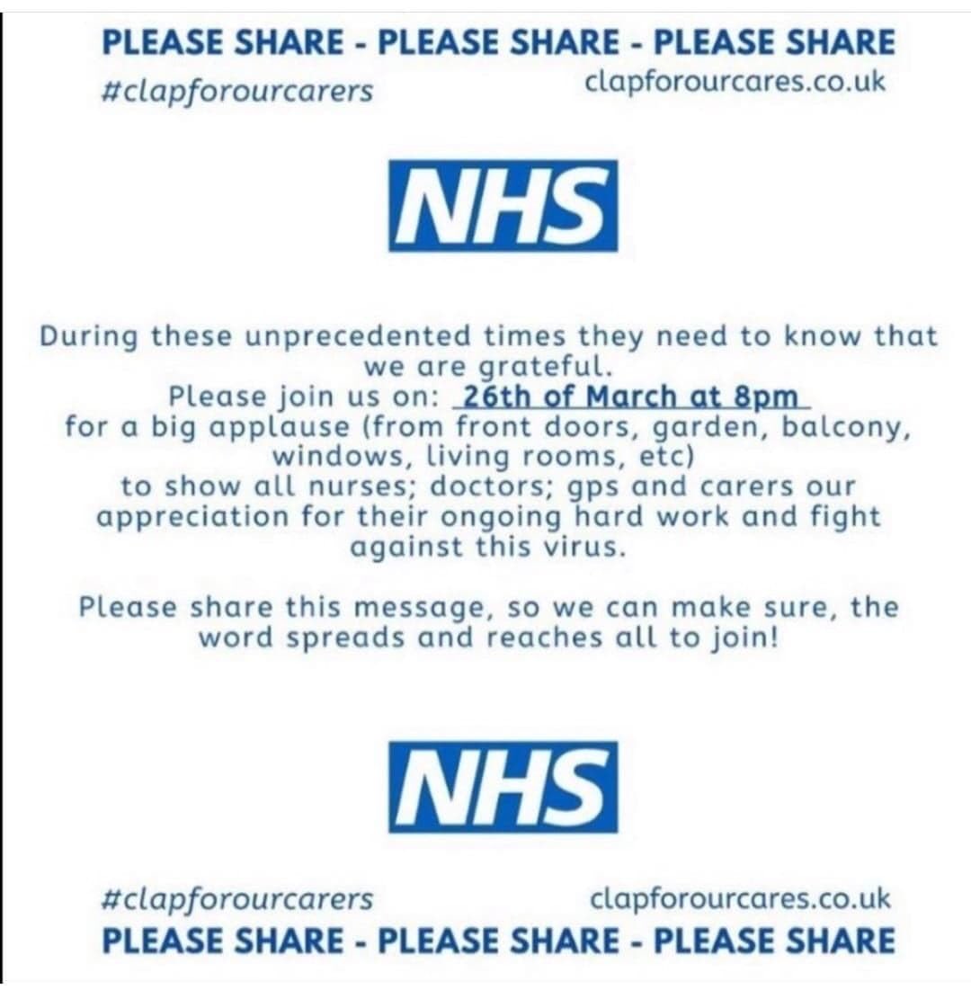 1MickyHazard's tweet photo. Guys just received this, please join me at your front door your window wherever in showing our gratitude for the work the NHS are doing to keep us all safe.  Love you All X https://t.co/dQO6hlVqZY