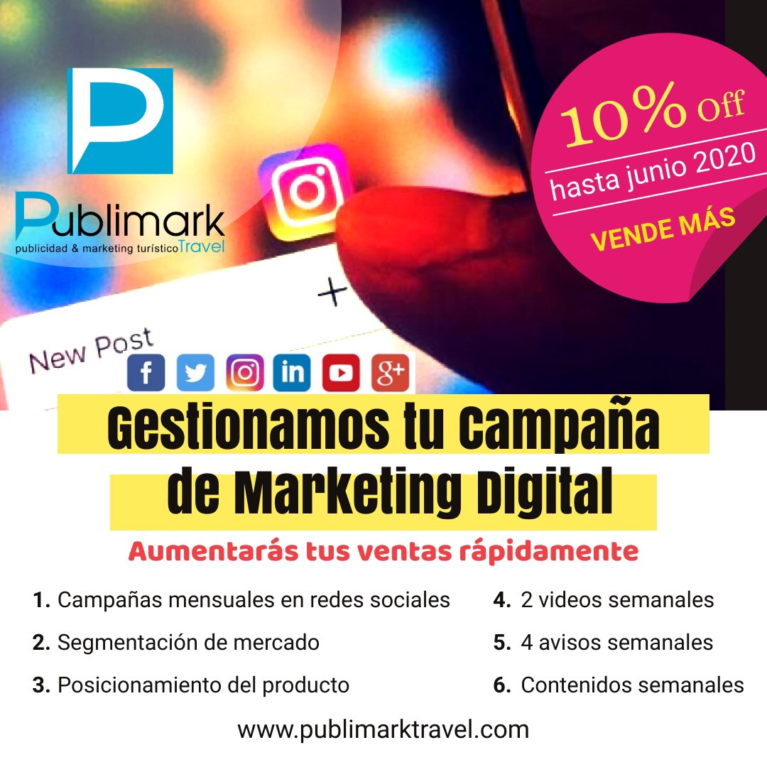 TE AYUDAMOS A VENDER MÁS!!
En estos tiempos de distanciamiento social, la forma más efectiva de llegar a tus clientes y vender más es a través de “campañas de marketing digital”.
Cotiza con Publimark Travel, con 15 años de trayectoria en la Patagonia.
info@publimarktravel.com