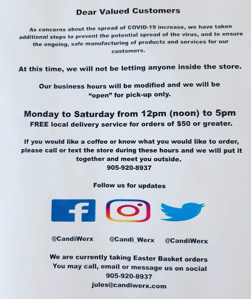 Monday to Saturday 12pm-5pm 
If you would like to place an order for pick-up or delivery, please call 905-920-8937, email jules@candiwerx.com or message us through social
#covid_19 #covıd19 #openforbusiness #pickup #delivery #hamont #coffee #tea #chocolate #easter #gifts