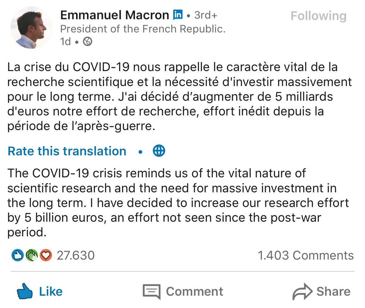 Aukin fjárfesting í rannsóknarstarfi er undir flestum kringumstæðum góð pæling sem borgar sig margfalt til baka, er ég að meta... En kannski sérstaklega góð pæling um þessar mundir?! Vona að íslensk stjórnvöld fari að frumkvæði Macron í Frakklandi. #viðspyrna