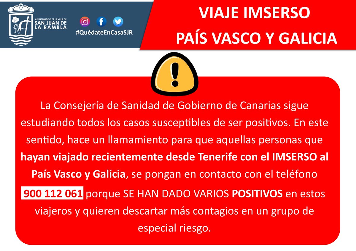 AytoSJR's tweet photo. #AlertaNacionalSJR #QuédateEnCasaSJR ¡Atención, muy importante.  todas las personas que realizaron estos viajes deben ponerse con urgencia en contacto con el teléfono 900112061! https://t.co/VtQA6rdbVn