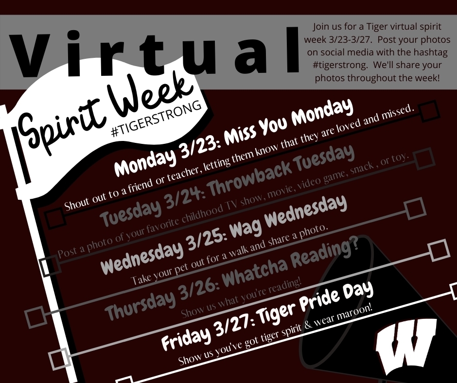 C19 - Spirit Week - Next Week!
"We have spirit yes we do, we have spirit how about you!"
Email pictures to weaubleaur3@gmail.com.