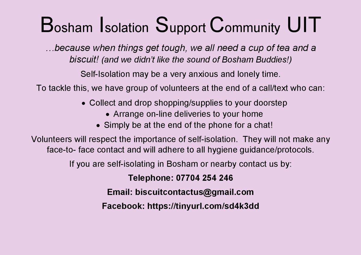MarcusWaring's tweet photo. Know any vulnerable or elderly residents in or near #Bosham in west #sussex? Please do let them know about BISCUIT. Local voluntary group helping them out.
@ChichesterFT @DanielGwynEvans @LoveChichester @Chi_College @NewParkCinema @ChichesterCanal @FishbourneLite1 @CarersWSussex https://t.co/kxzMljBhIQ