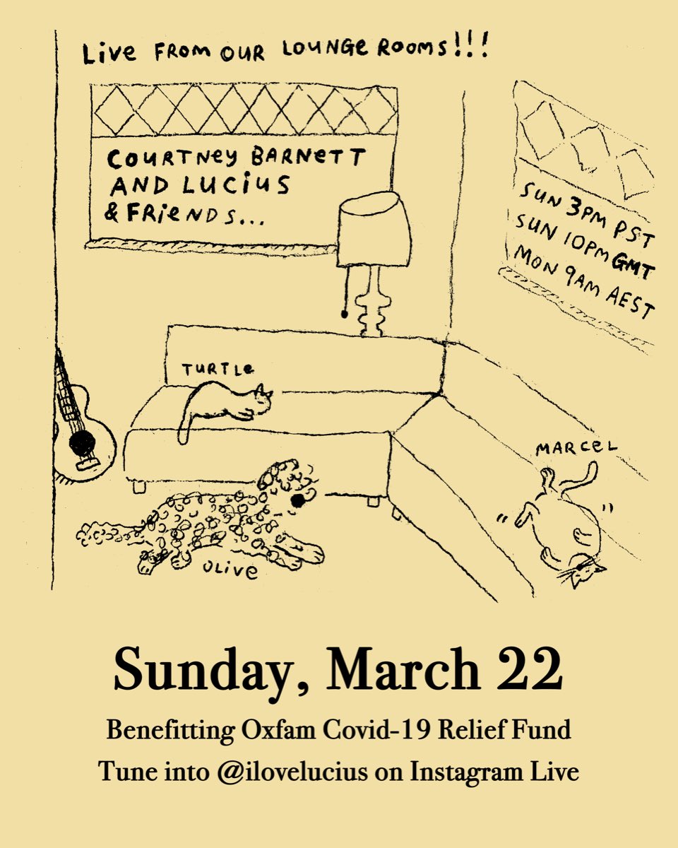 Join us this SUNDAY, MARCH 22 3PM PST/10PM GMT/MONDAY 9AM AEST Live From Our Lounge Rooms. We’ll be playing some music and kicking back with our friends <a href="/courtneymelba/">Courtney Barnett</a>, Lucius, <a href="/kevinmorby/">Kevin Morby</a>, <a href="/lukasnelson/">Lukas Nelson</a> and many more via Instagram Live at <a href="/ilovelucius/">Lucius</a>.