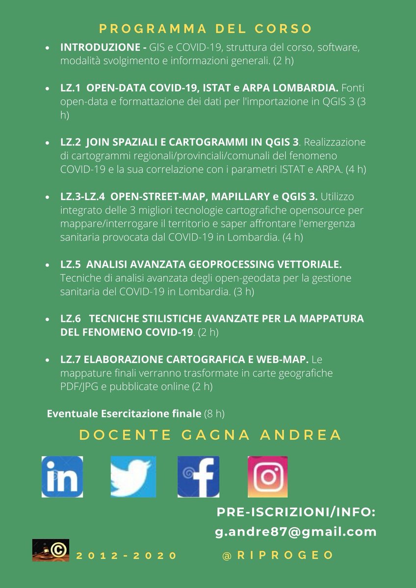 Aperte le pre-iscrizioni fino al 31/03!
1° CORSO ONLINE "ANALISI #GEOSPAZIALE DEL #COVID19 CON #QGIS3"

<a href="/Andrea_Gagna/">Andrea_RIPROGEO</a> <a href="/mapillary/">Mapillary</a> <a href="/OpenStreetMapIt/">OpenStreetMap Italia</a> <a href="/qgisitalia/">QGIS Italia</a> <a href="/MasterGIS_Droni/">Master GIS Droni</a> <a href="/geosmartcampus/">GeoSmart</a> <a href="/opendatamilano/">opendatamilano</a> <a href="/opengeospatial/">Open Geospatial: OGC</a>