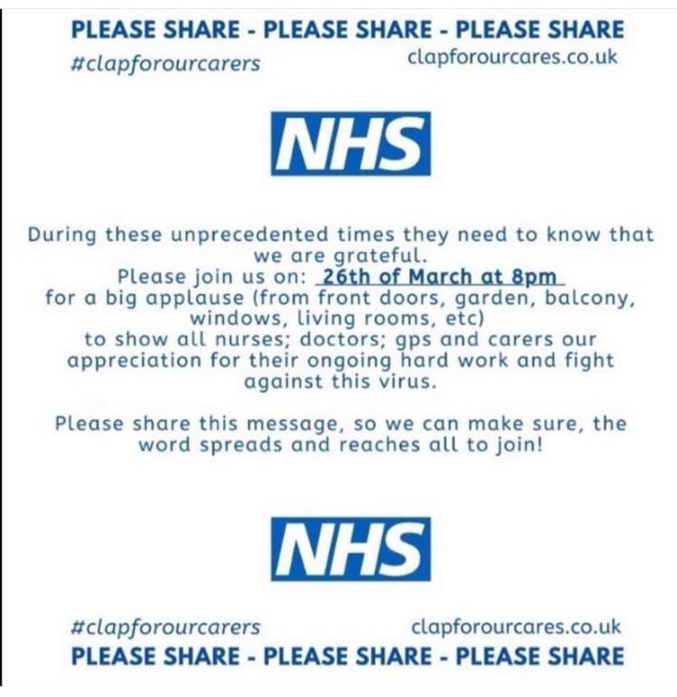 The <a href="/NHSuk/">NHS</a> staff and blue light services are absolute heroes. We’ll be joining in on 26th March at 8pm. Who’s joining us? #clapforourcarers #folfightsback