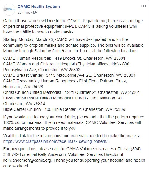 BenSalango's tweet photo. CAMC is in need of masks. If you can sew and want to help our healthcare workers who are on the front lines of this pandemic, please consider volunteering your time to make masks. https://t.co/PDlbPgRpCU