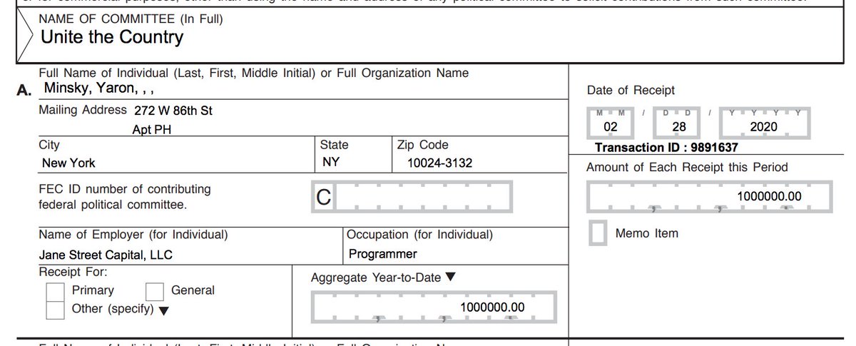 Yaron Minsky contributed $1 million to Unite The Country for attacks against Bernie Sanders' campaign. Minsky is chief technology officer for Jane Street Capital, a stock trading firm. He donated over $200,000 to DNC in 2019 and $50,000 to Nancy Pelosi Victory Fund in November.