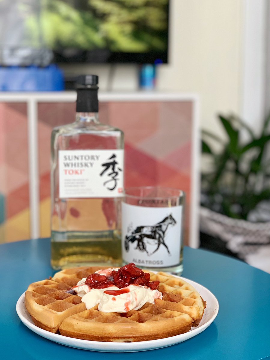 vanilla waffles, applewood smoked stabilized whipped cream*, vanilla cardamom roasted strawberries  #humblebragdiet *had a bit of the swiss buttercream I made with applewood smoked butter in the freezer, whipped it into some heavy cream and added a bit of powdered sugar