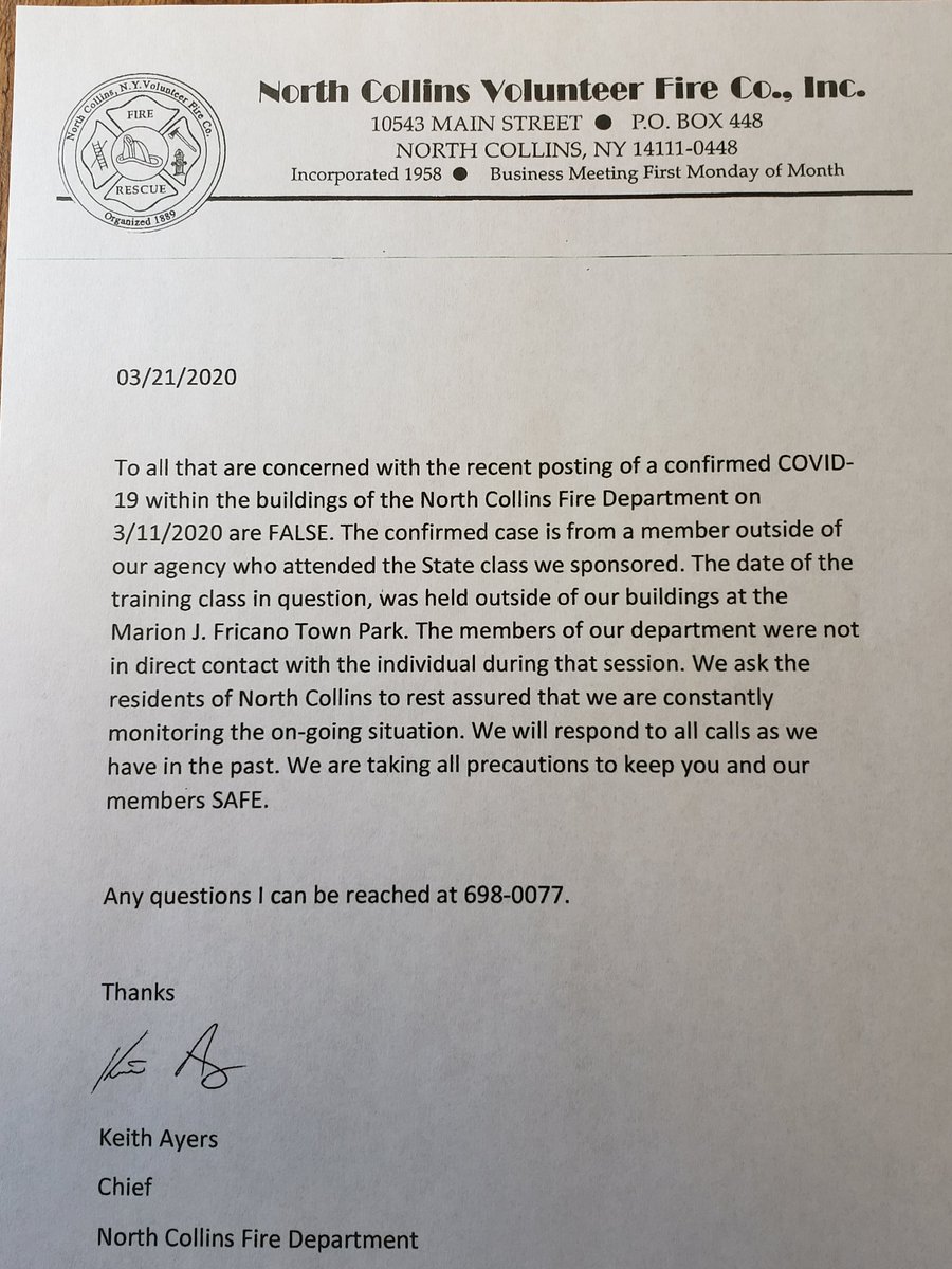 NCFD official statement concerning the recent Covid-19 case that was reported at our firehall on Thursday 3/19/2020