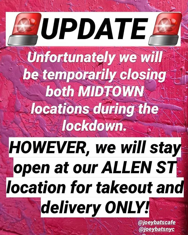 JoeyBatsCafe's tweet photo. 🚨UPDATE🚨
Both out Midtown locations will be closed during the lockdown but our 129 ALLEN ST location in LES will stay open for takeout and delivery only!

#joeybatscafe #lesnyc #hope #staysafe #open #nyc #downtownnyc https://t.co/ND32JHg4Wy https://t.co/6kvo3uuskj