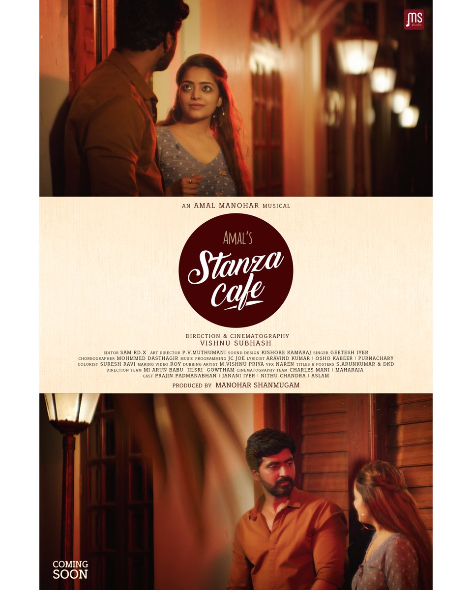 amalmanoharr's tweet photo. Happy to share the poster for our next single! @jan_iyer @actorprajin1 @vishnu_Subash @geeteshaiyer #STANZACAFE https://t.co/11Nr7S31nS