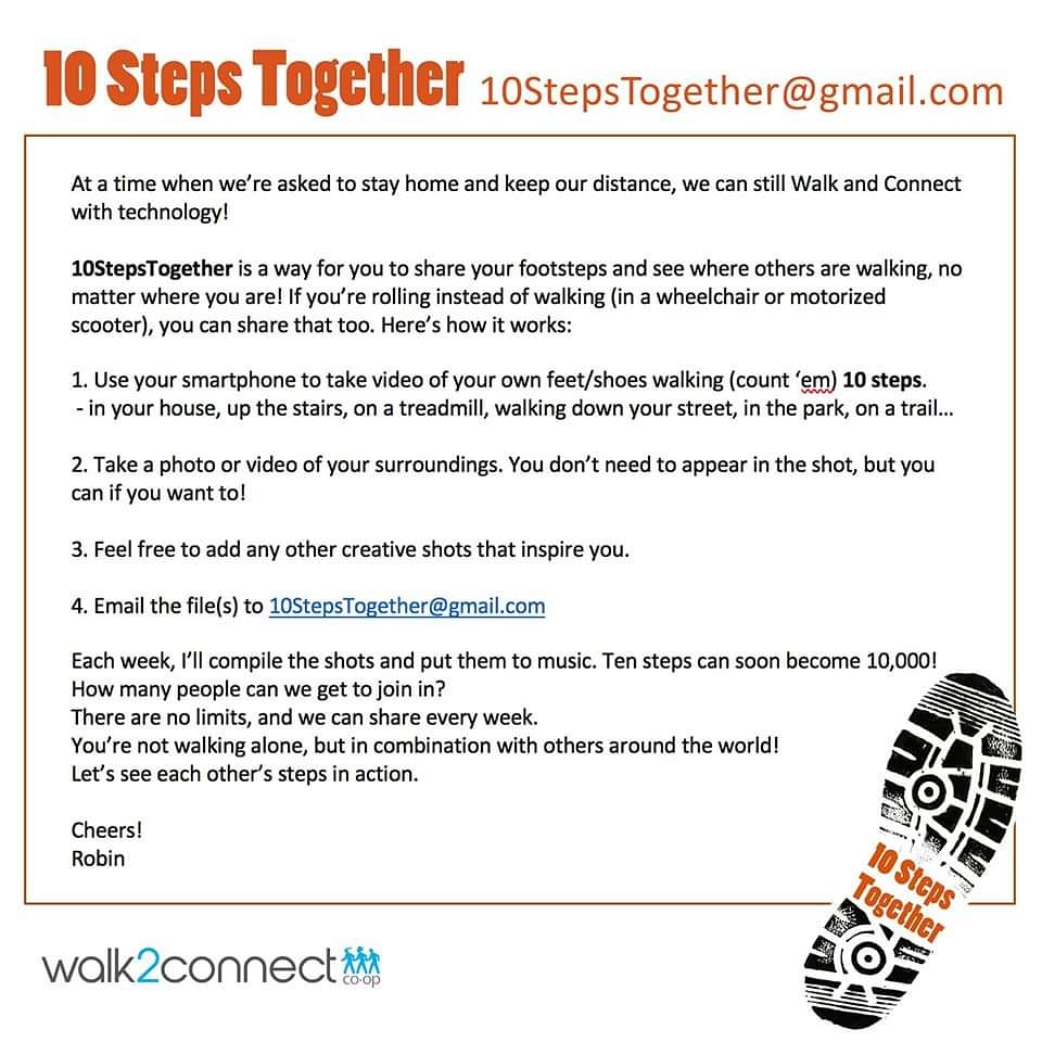 walk2connect's tweet photo. We have a challenge for you brought by our volunteer WML Robin @robintruesdale. Take a video of 10 steps from your walks and she will compile them in weekly videos! 👣

We would love to see steps from all over the world.

#lifeat3MPH #10StepsTogether #socialdistancing #walking https://t.co/kbOmCiswad