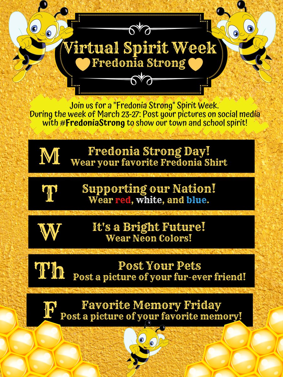 coachbakerfhs's tweet photo. Virtual Spirit Week! 
Things are different, but our school and town spirit continues to shine. Please participate in our "Fredonia Strong" Spirit Week. #fredoniastrong https://t.co/bowQBKFaxz