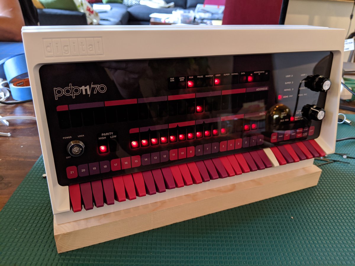 lkesteloot's tweet image. Just assembled this PiDP-11/70 kit. It runs a bunch of original OSs, displaying the real lights. BSD 2.11 is surprisingly complete! Took five hours to assemble. Definitely recommended! #pidp11
