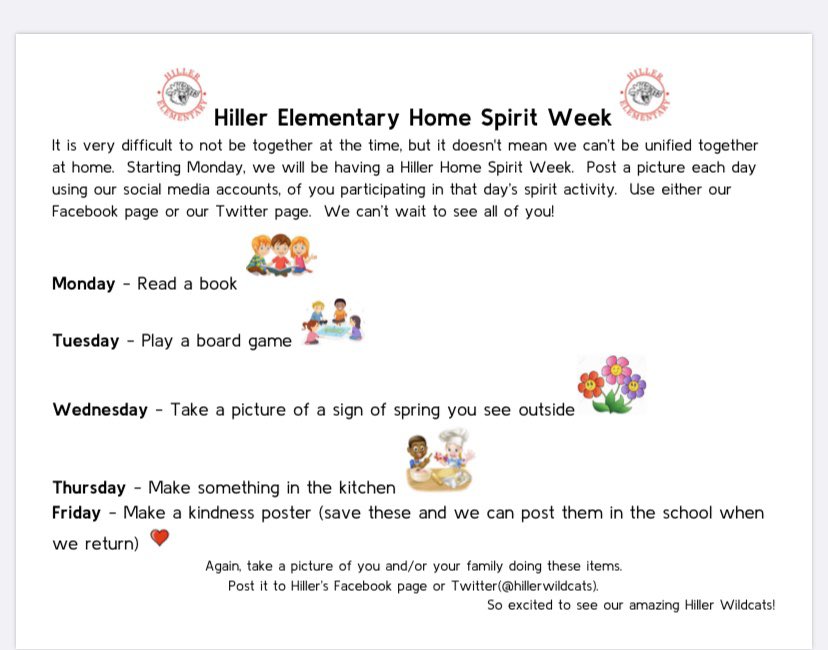 Let’s have some fun!  Beginning Monday, March 23, through Friday, March 27, you are being invited to take part in an at-home spirit week activity. Each day a new post will be made on Twitter for you to share pictures with us.  We miss you all and can’t wait to see your pictures.
