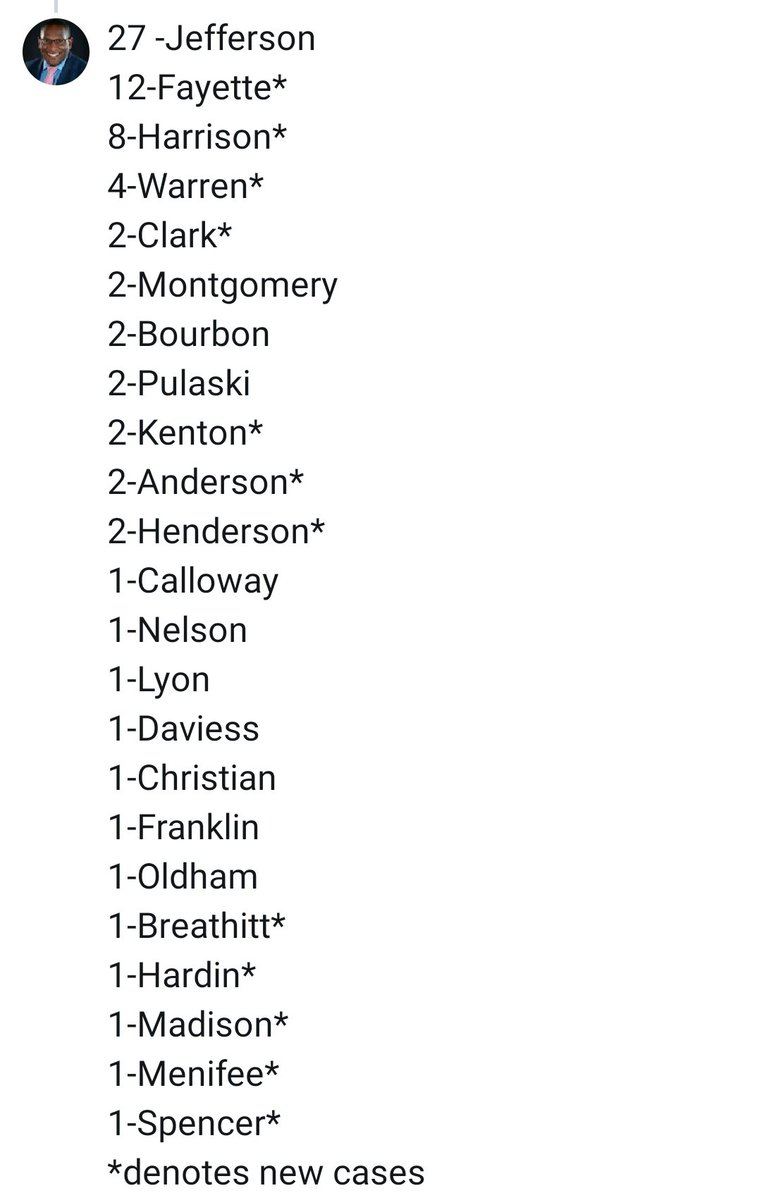 Here is the current list of  #KY counties with CONFIRMED positive  #COVID19 cases as of 3/21/20: Source:  @CHFSKy