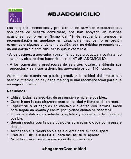 En_laDelValle's tweet photo. 👇🏻👇🏻👇🏻👇🏻👇🏻
Para ayudar a los pequeños comercios y prestadores de servicios independientes de la zona, invitamos a consumir sus productos y servicios, apoyando, a quienes lo harán a domicilio, con la campaña #BJADOMICILIO https://t.co/Bod8oTiLn6