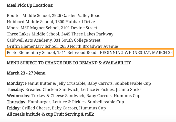 <a href="/peetetylerisd/">Peete Elementary</a>  We are now a site for meal &amp; packet pick up starting Wednesday March 25! 
We are glad to #Support you during this time! 

11-1pm

Vamos a ofrecer comidas y paquetes gratuitos a partir del miércoles 25 de marzo. ¡Estamos felices de #apoyarlo durante este tiempo!