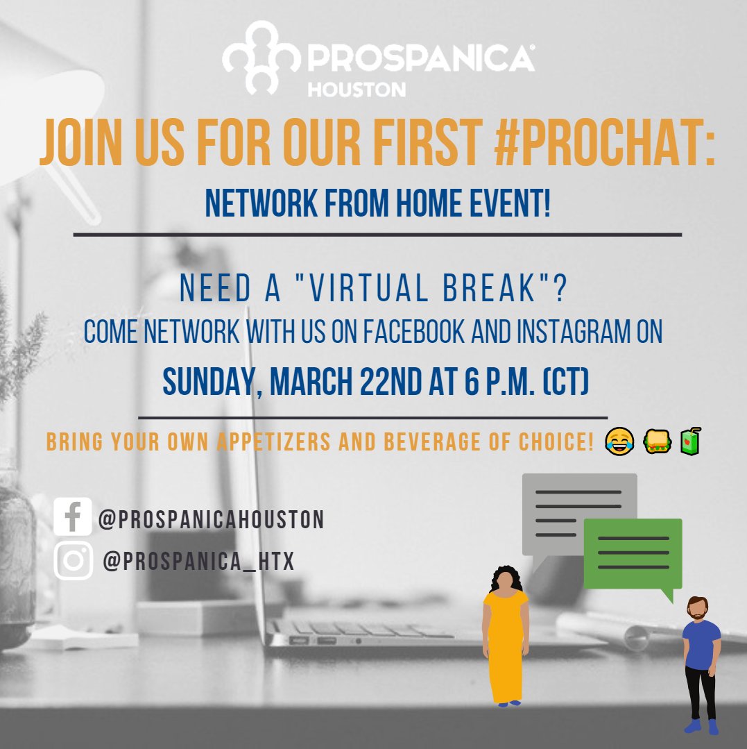 Prospanica_HTX's tweet photo. Join us for a “virtual break” tomorrow on Facebook and Instagram!

Grab some food and checkout our pages tomorrow to participate in our first #ProChat! Details below👇🏼 https://t.co/ycEF95OG3Y