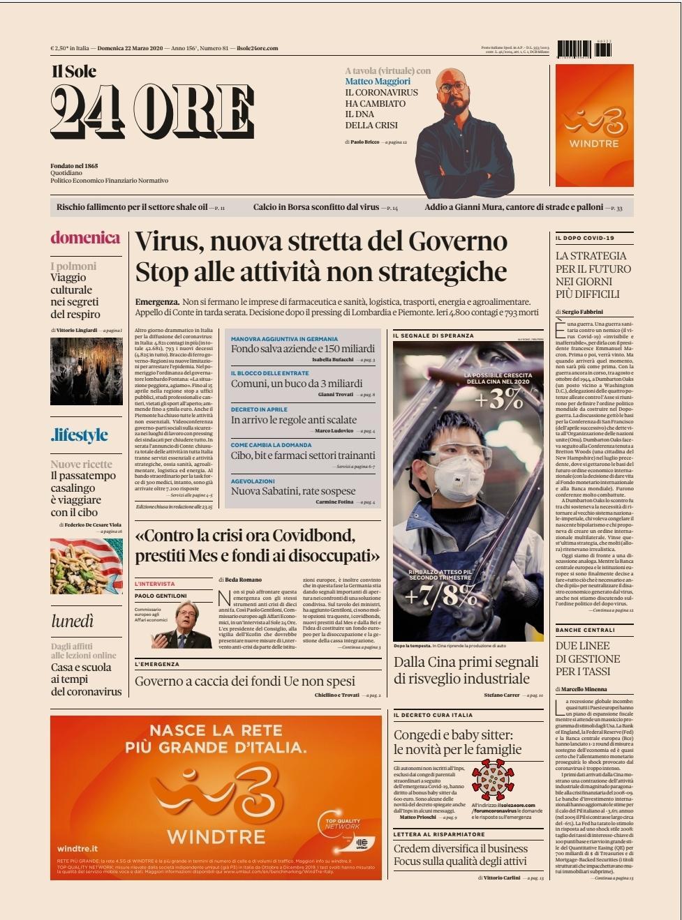 ilsole24ore on twitter la prima pagina del sole24ore del 22marzo in apertura la nuova stretta del governo conte sulle attivita produttive non strategiche intervista al commissario ue paologentiloni e poi l economia della