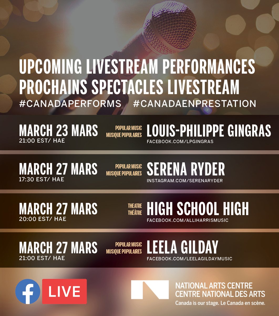 This group of shows includes theatre and more popular music! To view each of the livestreams, please visit the links listed in the poster for each artist. Enjoy the shows! #CanadaPerforms