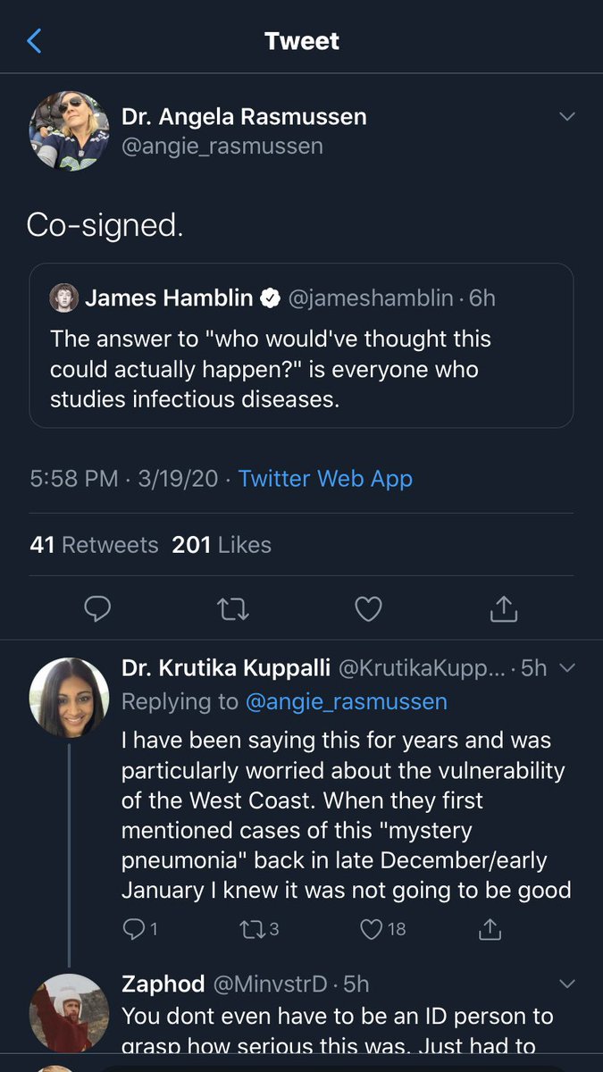 A few days ago, Dr Rasmussen seemed to take credit for predicting this pandemic. But her message back in Jan was quite different. Days before  @realDonaldTrump’s prescient travel ban, her advice boiled down to “keep calm and get a flu shot.” 2/n