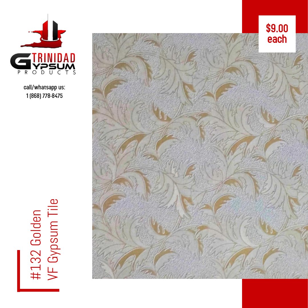 TrinidadGypsum's tweet photo. Get #132 Gold, #238 Silver and #DT006-1 Rose Gold VF Gypsum Ceiling Tiles For Only $9.00 TTD!
You can follow the link below to get the costing of materials, view photos, get directions, see what special offers we've got and also get updates!
https://t.co/y487u24OIx https://t.co/g1ZKfcEG43