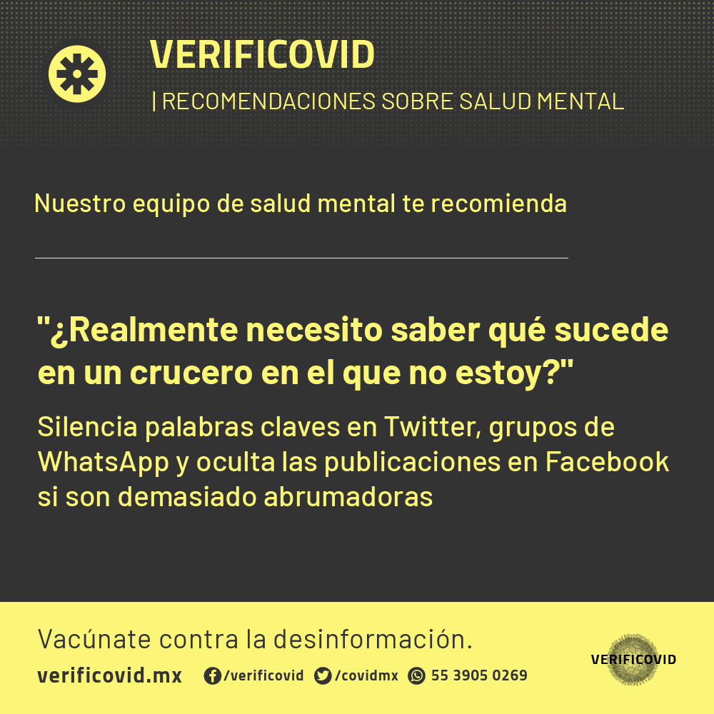 covidmx's tweet photo. Es normal que la cantidad de información y noticias 📰 en redes sociales 👥 sea abrumadora. Algunas palabras y temas pueden desencadenar episodios de ansiedad, por ello te recomendamos 🔇 silenciar/ocultar palabras y publicaciones que más que informar, te generan ruido. https://t.co/dSyMuE9Rlb