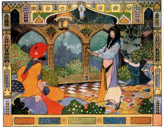 A flying carpet first appears in Galland's translation in his “orphan” story of *Prince Ahmad and the Fairy Perî Bânû* which features a contest between three sons of a king of India for the hand of their beautiful cousin Nûr al-Nahâr (illustration by Charles Robinson, 1913) ...