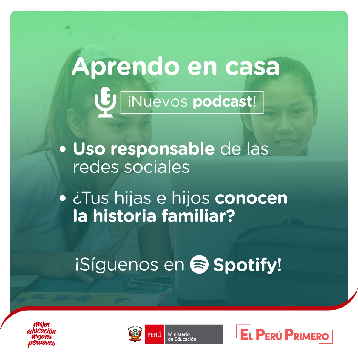 MineduPeru's tweet photo. #AprendoEnCasa Familias, compartimos dos nuevos podcast donde hablaremos sobre el uso responsable de las redes sociales y la importancia de revivir anécdotas en casa. ¡Síguenos en Spotify! 🎧👧🏽👦🏻

🎙https://t.co/LPLxxcW3pb 
🎙 https://t.co/njNha1Br7F https://t.co/gkEYeJoAef