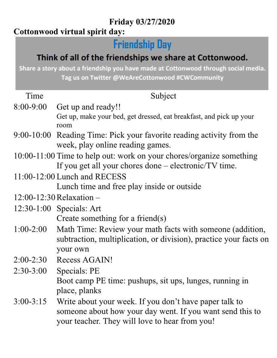 mariadaily28's tweet photo. @WeAreCottonwood students and families we MISS you! If you are looking for a little more structure in your week next week please see the schedule options I have posted. Please make it fit for your student(s) and family. We are still here for you ❤️ https://t.co/GrYmh5eQZn