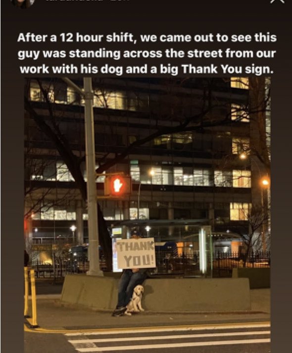 ELCCGreens's tweet photo. My daughter, an ICU nurse at Columbia Presbyterian in NYC, sent me this, which was sent by a friend. It made the nurses feel good.
#AMomentOfHumanity https://t.co/vysAD6Zcvd