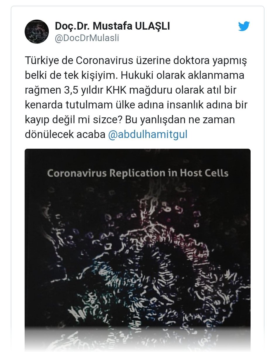 KHK'lı Doç. Dr. Mustafa Ulaşlı doktorasını koronavirüs üzerine yaptığını söylüyor. Doktora konusunda; doktor beyin bigisinden, tecrübesinden faydalanılması gerekmiyor mu?

<a href="/abdulhamitgul/">Abdulhamit Gül</a>
<a href="/drfahrettinkoca/">Dr. Fahrettin Koca</a>

Cezaevleri MezarOlmasın