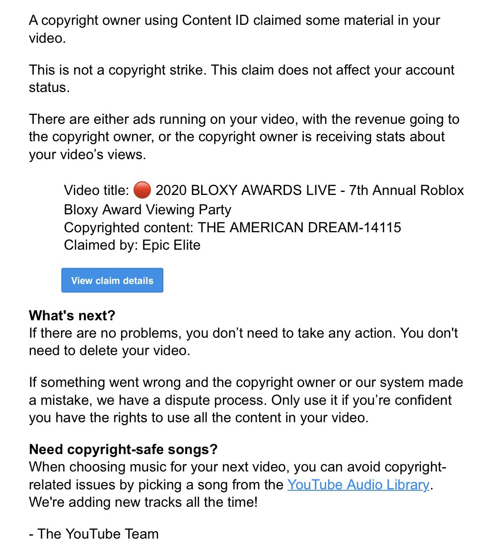 Code Deeterplay Teamfey But Teamstriker Ok On Twitter Well Copyright Claims Coming To Everyone Who Streamed The Bloxy Awards - roblox song issues