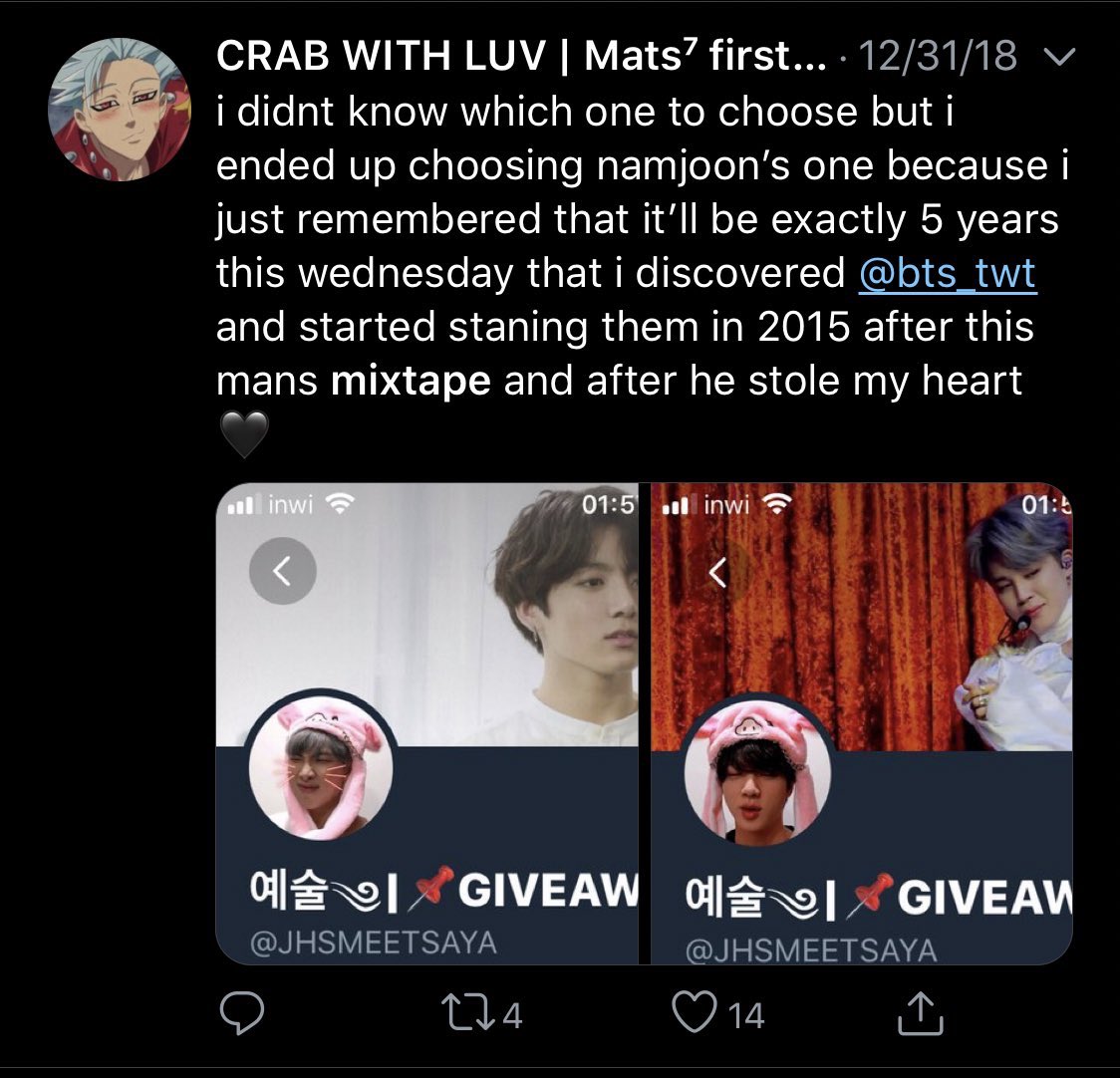 This was something else I noticed that was very  to me. Supposedly claimed to start stanning in January 2015 because of Joon’s first mixtape, but Joon’s first mixtape wasn’t released until March 2015. Also lol at the math here 2015-2019 is 4 years, not 5 
