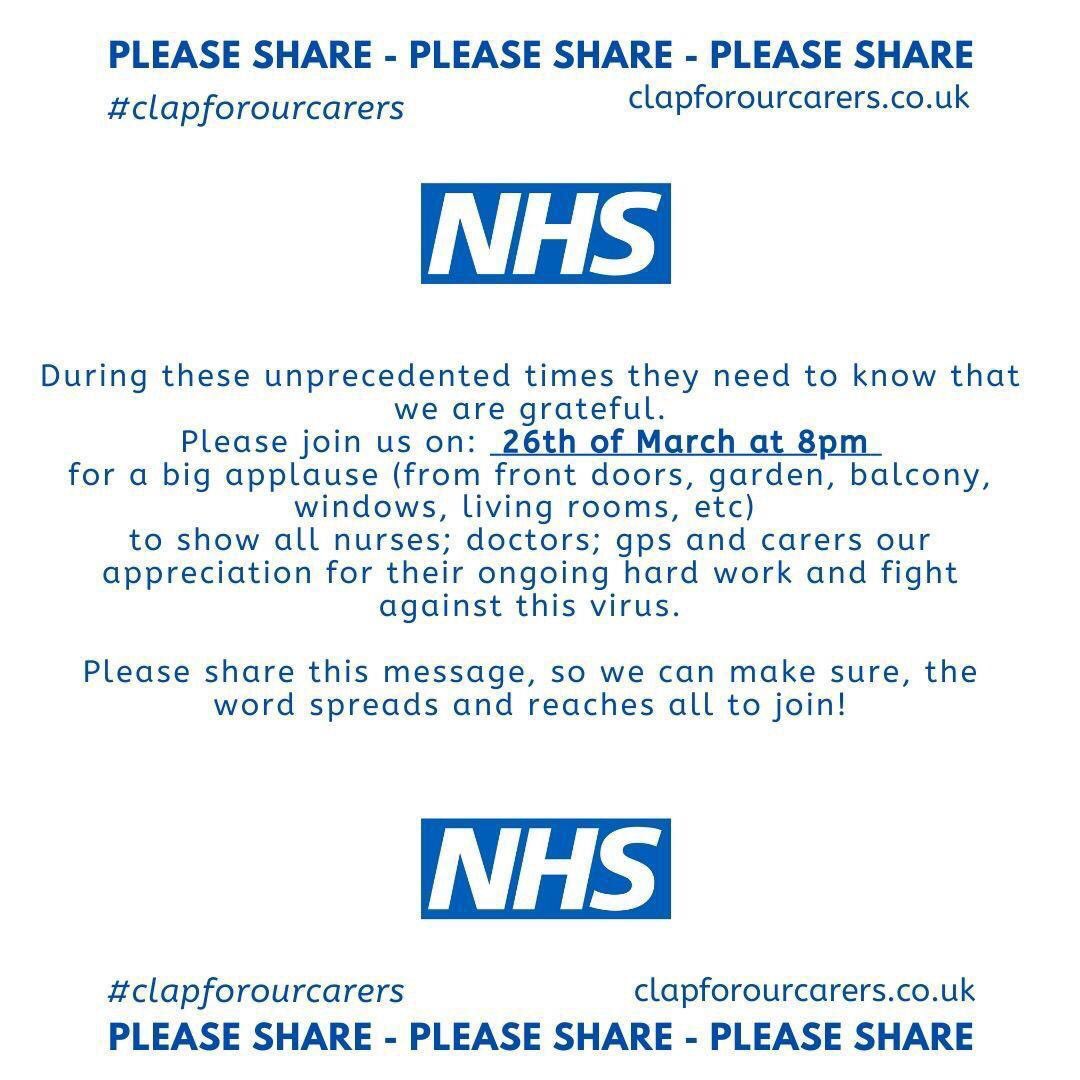 26th March at 8pm .... lets all show our appreciation 
#NHS #thankyou #clapforourcarers