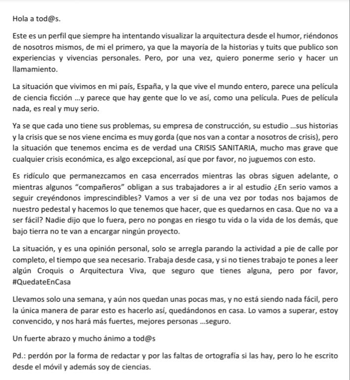 Teo_Arquitecto's tweet photo. Nunca pido nada pero esta vez me sale del alma. Por favor, #QuedateEnCasa 
Se agradece difusión, a ver si entre todos lo paramos.
Gracias y un fuerte abrazo. https://t.co/HOcxEnHHjE