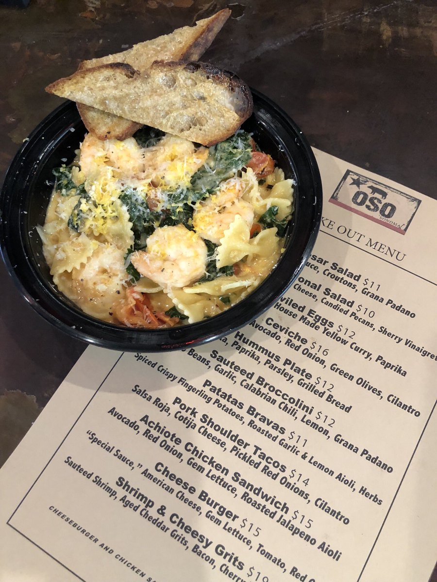 Today’s take out special: Farfalle Pasta with Seared Shrimp, Wilted Kale, Cherry Tomatoes, Parmesan Cream and Lemon Zest - $16 dollars. Call us at 707-931-6926 to place your order. Also 20% off any bottled wine, beer or to go cocktail.