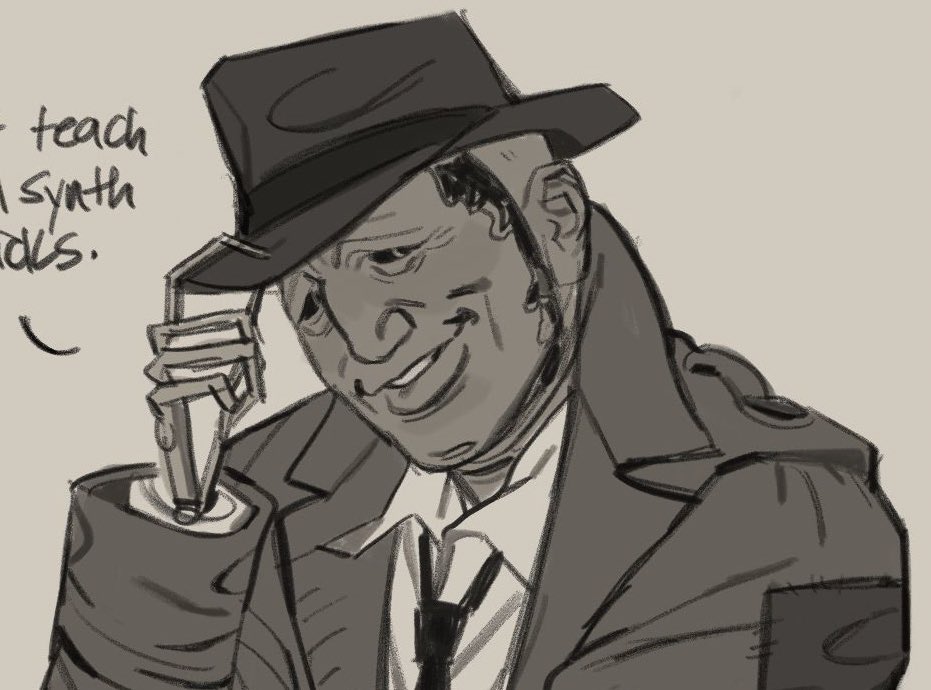 THIS IS NICK!!!! in fo4 he is nick valentine but he is also too big for his britches now. i discuss gender dysphoria pretty liberally on this account bc nick is coded as a trans man. hes also in his forties (emotionally) even tho both he and tua are technically very old (he/him) 