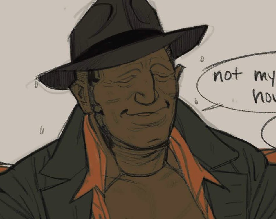 THIS IS NICK!!!! in fo4 he is nick valentine but he is also too big for his britches now. i discuss gender dysphoria pretty liberally on this account bc nick is coded as a trans man. hes also in his forties (emotionally) even tho both he and tua are technically very old (he/him) 