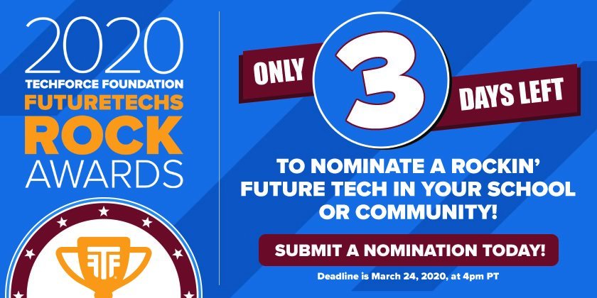 Do you know a #tech student who rocks? There are still 3 days to nominate them for the 2020 #FutureTechsRock Awards! Learn more or nominate a #futuretech at: hubs.ly/H0nnvms0.

#TechForce #awards #transportationtech  #newcollarcareer